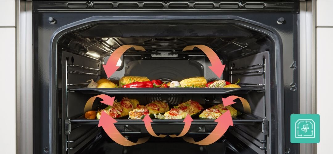 KUCHNIA GORENJE GK5C42WH Wnętrze piekarnika z dwiema blachami pełnymi warzyw i przekąsek, wokół których umieszczono pomarańczowe strzałki symbolizujące równomierną cyrkulację gorącego powietrza na kilku poziomach