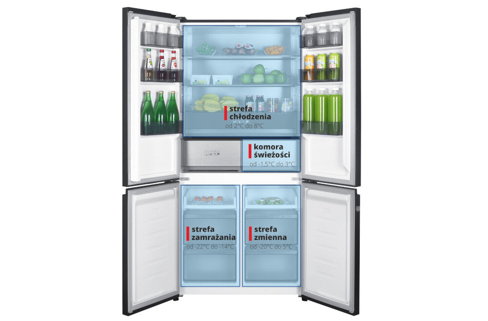 Lodówka BERG CZW190NBM23 Schemat z oznaczeniem stref w lodówce: strefa chłodzenia, komora świeżości, strefa zamrażania i strefa zmienna (multizone). cztery strefy temperatury różne produkty warzywa mięso nabiał mrożonki zakres temperatur -22°C do +8°C świeżość żywności indywidualne ustawienia organizacja zapasów