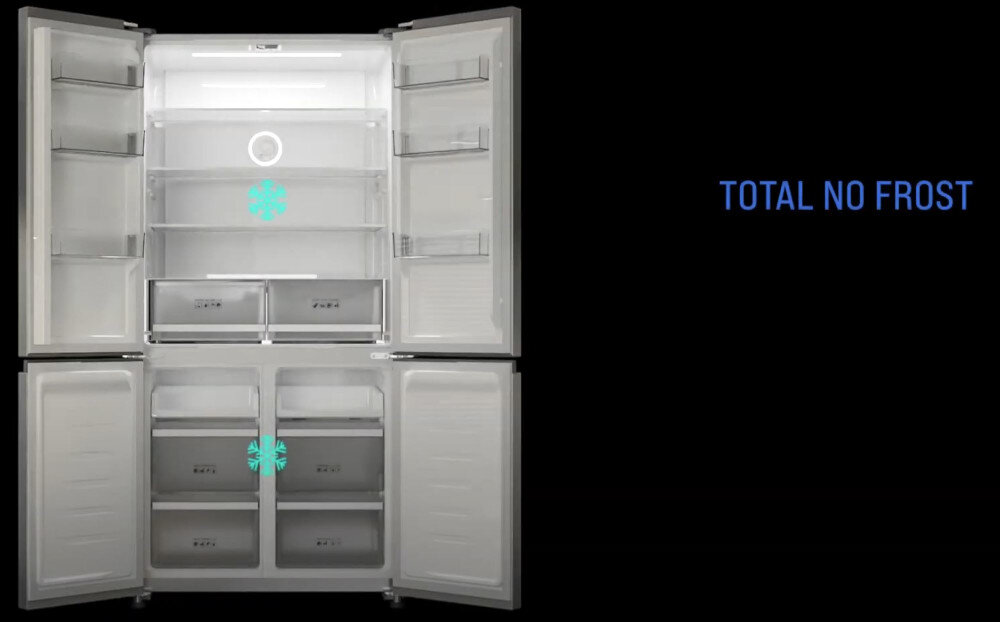 Lodówka BERG CZW190NBM23 Przekrój lodówki wewnątrz na czarnym tle, widoczne symbole informujące o technologii TOTAL NO FROST gwarantującej brak szronu technologia No Frost bezszronowa chłodziarka zamrażarka brak rozmrażania wygoda świeżość produktów zachowanie smaku łatwe użytkowanie