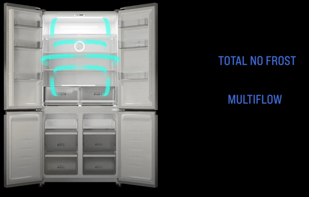 Lodówka BERG CZW190NBM23 Przekrój lodówki na czarnym tle, widoczne są strefy MULTIFLOW oraz TOTAL NO FROST, ilustrujące technologię równomiernego chłodzenia dwa obiegi powietrza Multi Air Flow równomierne chłodzenie stabilna temperatura brak mieszania zapachów świeżość żywności równomierne chłodzenie każda półka te same warunki przechowywania