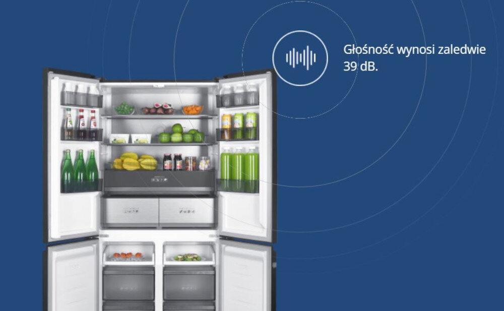 Lodówka BERG CZW190NBM23 Wnętrze lodówki, z informacją o głośności – 39 dB, wypełnione produktami typu napoje, warzywa i owoce cicha praca 39 dB kompresor Digital Inverter energooszczędna niski hałas automatyczne chłodzenie komfort użytkowania oszczędność energii do otwartych kuchni