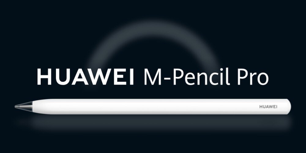 Rysik HUAWEI M Pencil Pro biały rysik o sześciokątnym przekroju ułożony poziomo na ciemnym tle pod napisem HUAWEI M-Pencil Pro, opis