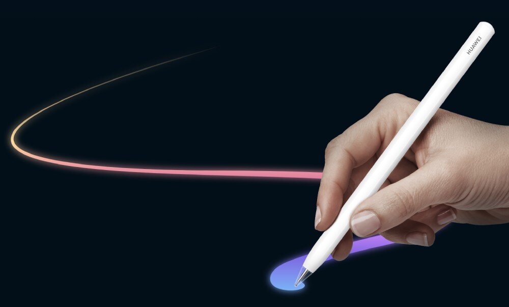 Rysik HUAWEI M Pencil Pro dłoń trzymająca biały rysik, który zostawia na czarnym tle wielokolorową, płynną linię w odcieniach fioletu, różu i pomarańczu, wygląd, przeznaczenie, obudowa
