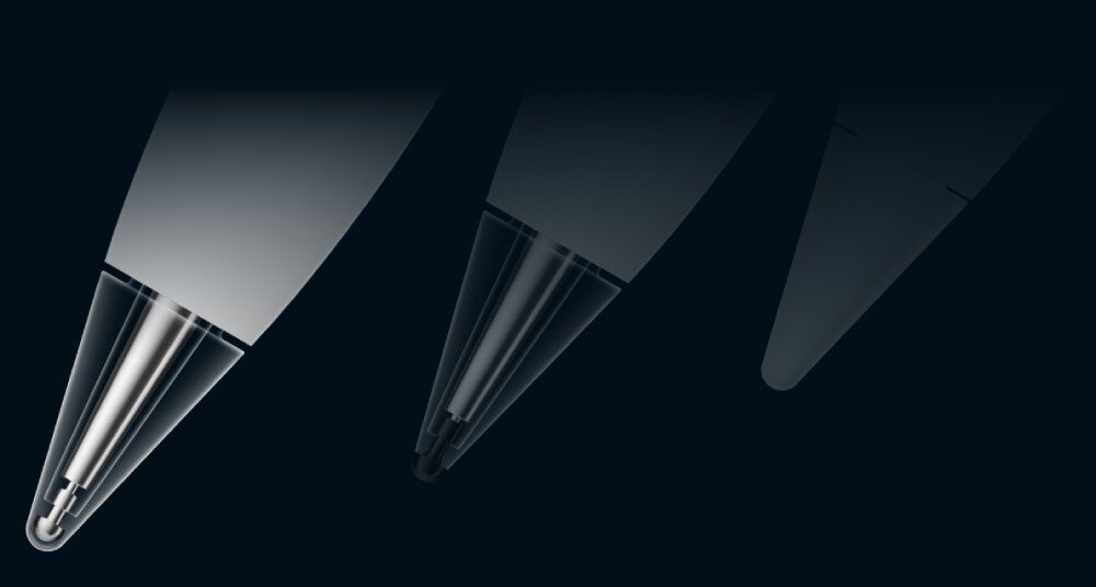 Rysik HUAWEI M Pencil Pro trzy zbliżenia na różne rodzaje wymiennych końcówek rysika, od przezroczystej z widocznym metalowym elementem po ciemną i matową, wymienne końcówki, rodzaje