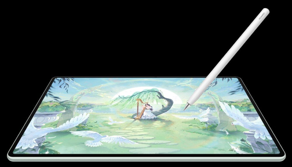 Rysik HUAWEI M Pencil Pro poziomo ustawiony tablet wyświetlający kolorową ilustrację z kobietą grającą na harfie w ogrodzie, nad którym unosi się biały rysik, wykrywanie nacisku, grubość linii
