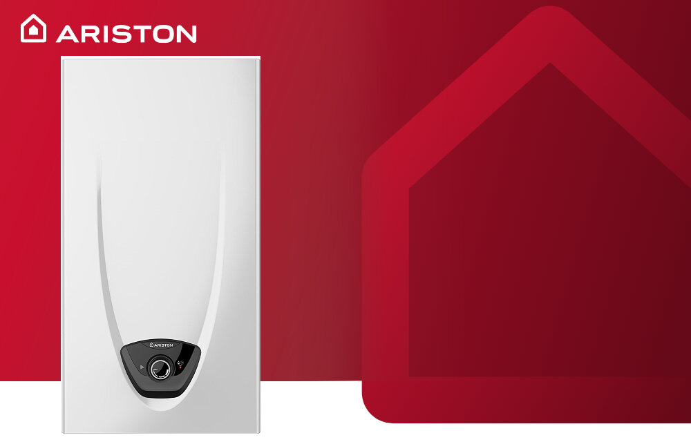 PODGRZEWACZ PRZEPŁYWOWY GAZOWY ARISTON FAST EVO Na zdjęciu jest biały podgrzewacz wody marki ARISTON na czerwonym tle z logo producenta
