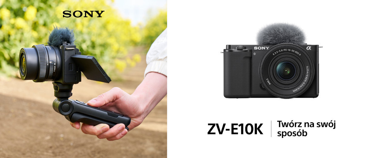 SONY ZV-E10LBD - Aparat bezlusterkowy z mikrofonem na statywie do vlogowania, trzymany w dłoni na tle plenerowym, oraz widok z przodu z napisem zachęcającym do tworzenia