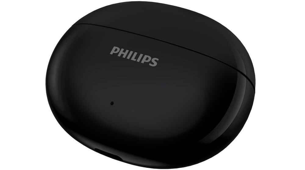 Czarne etui na słuchawki z widocznym logo \'PHILIPS\' na górnej części. Etui ma gładką powierzchnię i niewielki otwór na przodzie.
