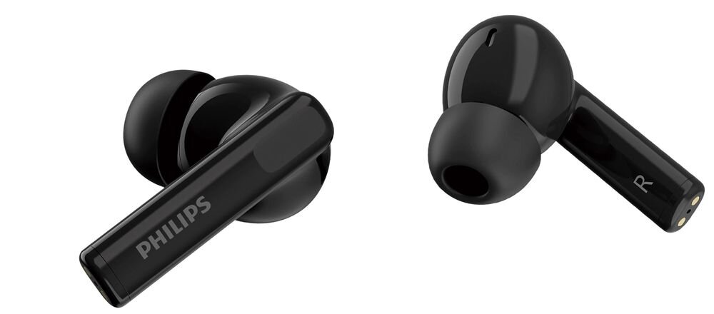 Na obrazie widoczne są czarne słuchawki dokanałowe z logo \'PHILIPS\' na jednej z nich. Słuchawki mają gładką powierzchnię i silikonowe końcówki.