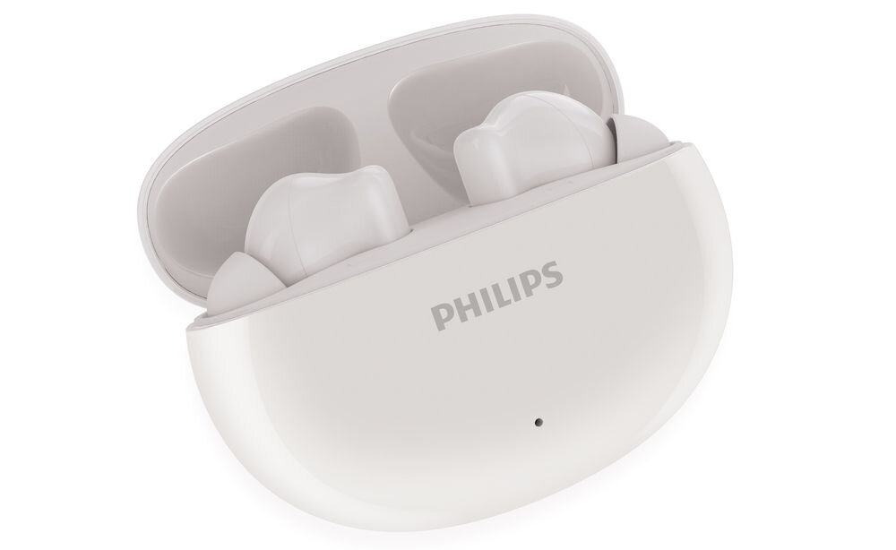 Białe etui z otwartą pokrywą, w którym znajdują się słuchawki dokanałowe. Na etui widoczne jest logo \'PHILIPS\'.