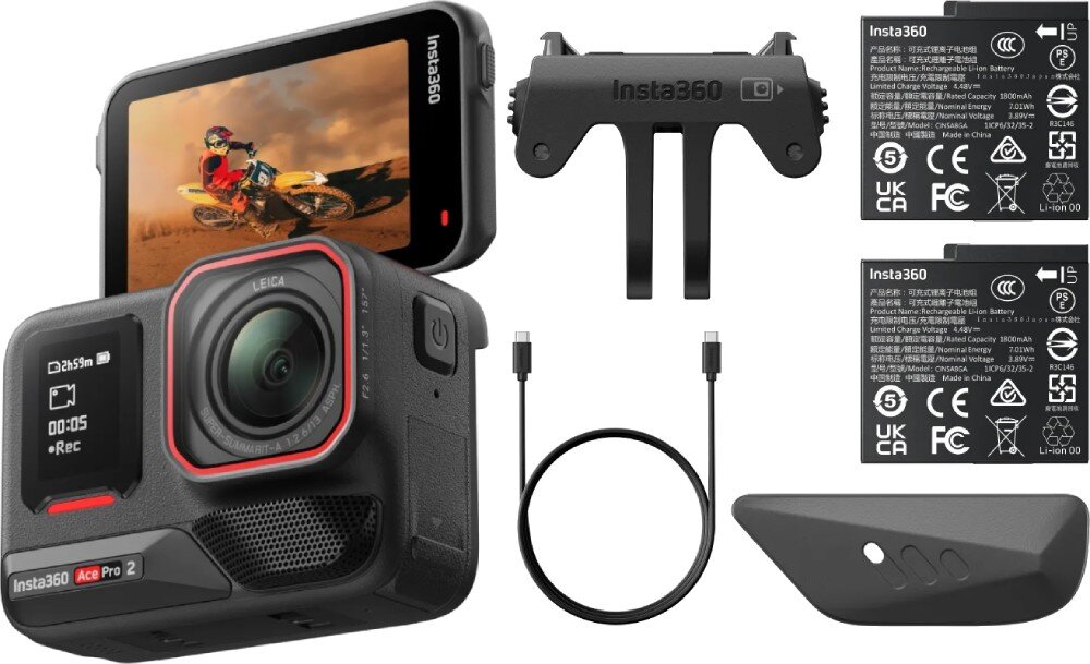 Kamera sportowa INSTA360 ACE PRO 2 Z PODWÓJNA BATERIĄ, Podwójne wsparcie AI, filmy 8K 30FPS, Wi-Fi, Bluetooth opakowanie zestaw