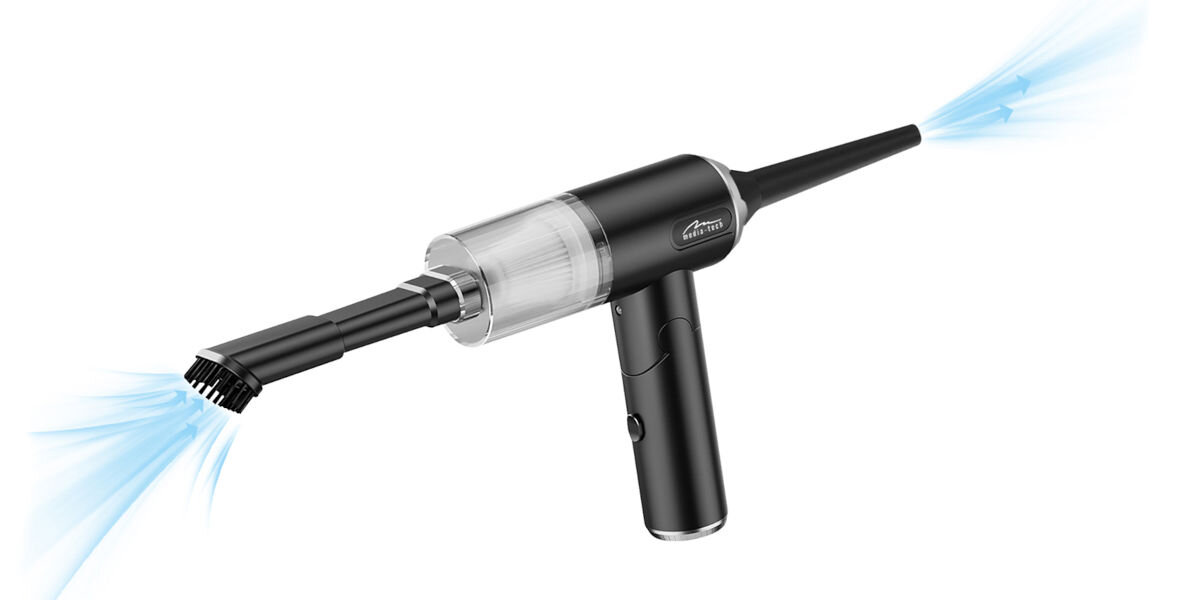 Dmuchawa MEDIA-TECH MT6538, urządzenie, 2w1, wszechstronność, precyzja, Wizualizacja funkcji 2 w 1 – odkurzacz Media-Tech z końcówką szczotkową i wylotem sprężonego powietrza zaznaczonym niebieskimi strzałkami.