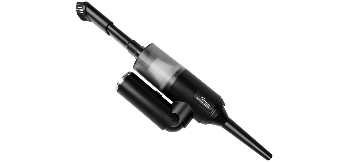 Dmuchawa MEDIA-TECH MT6538, ergonomia, ergonomia, lekkość, wygoda, Produktowe zdjęcie odkurzacza ręcznego Media-Tech z długą końcówką szczotkową, na białym tle.
