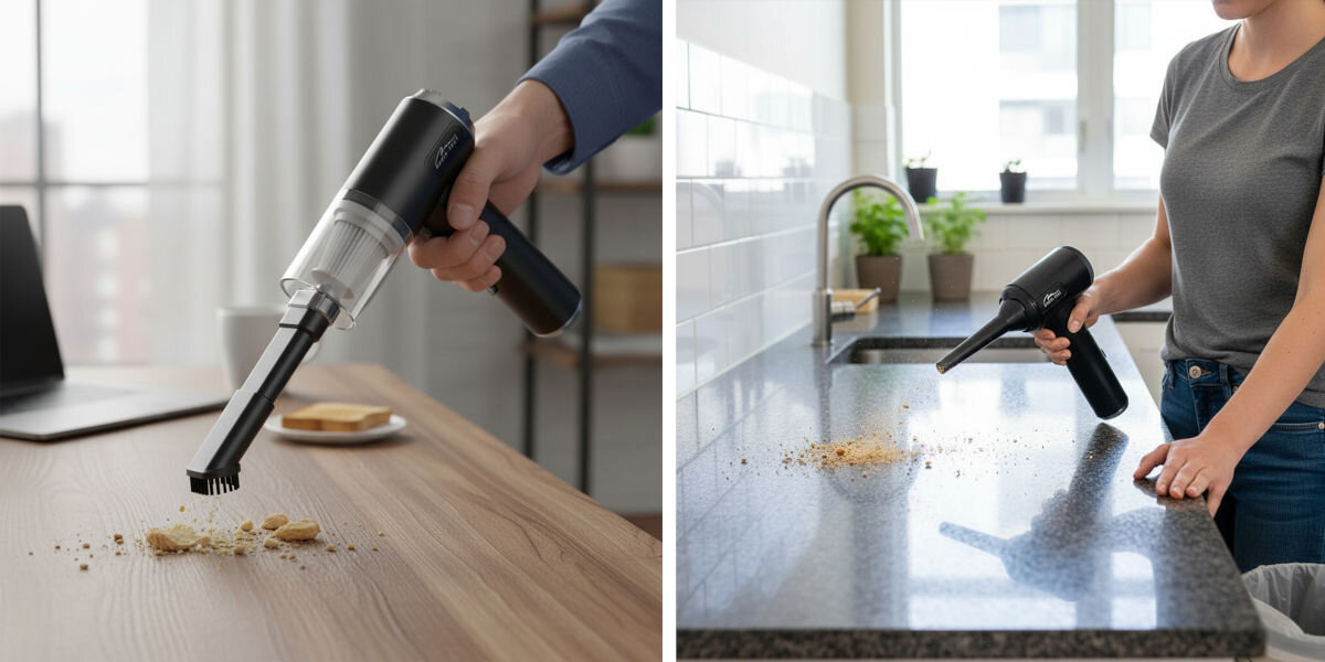 Dmuchawa MEDIA-TECH MT6538, LED, oświetlenie, precyzja, widoczność, Ujęcie pokazujące odkurzacz ręczny Media-Tech w czasie sprzątania okruchów z biurka oraz kuchennego blatu.