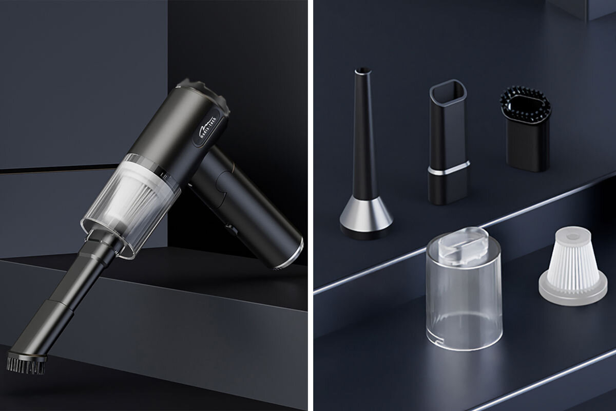 Dmuchawa MEDIA-TECH MT6538, akcesoria, filtry, szczoteczki, zestaw, Odkurzacz ręczny Media-Tech prezentowany na ciemnym tle obok kompletu akcesoriów: różnych końcówek ssących, pojemnika na kurz i filtra.