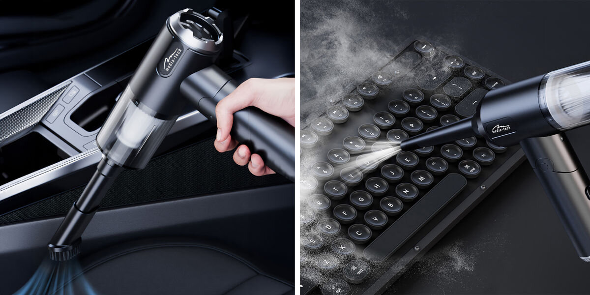 Dmuchawa MEDIA-TECH MT6538, sprzęt, komputer, detailing, zastosowanie, Zbliżenie na odkurzacz ręczny Media-Tech używany w samochodzie oraz do wydmuchiwania kurzu sprzed klawiatury komputera.