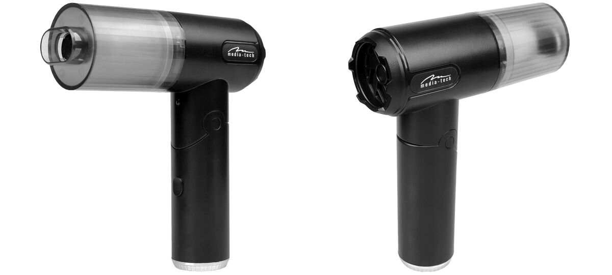 Dmuchawa MEDIA-TECH MT6538, akumulator, USB-C, ładowanie, mobilność, Czarny bezprzewodowy odkurzacz ręczny Media-Tech z przezroczystym pojemnikiem na kurz, pokazany z dwóch stron na białym tle.