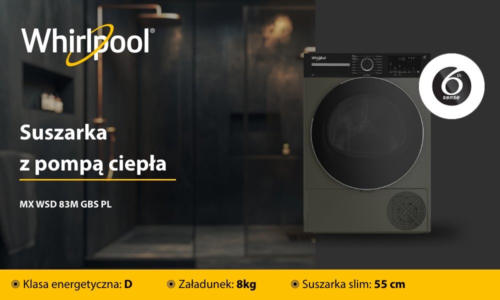 SUSZARKA WHIRLPOOL MX WSD 83M GBS PL lifestyle wizualizacja hasło marka model cechy najważniejsze funkcje pojemność wymiar klasa energetyczna