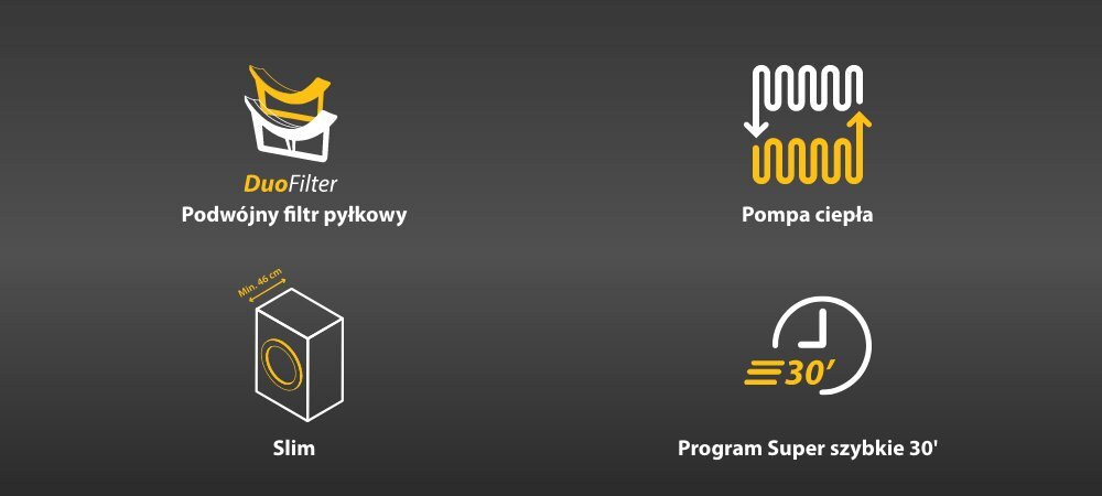 SUSZARKA WHIRLPOOL MX WSD 83M GBS PL lifestyle wizualizacja ikony cechy najważniejsze funkcje filtr Pompa ciepła Kompaktowe rozmiary Program Super Szybkie 30’