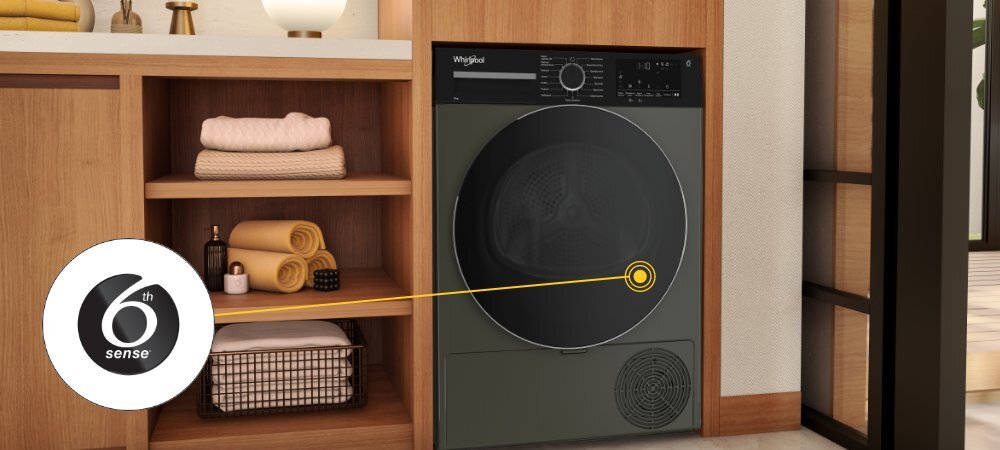 SUSZARKA WHIRLPOOL MX WSD 83M GBS PL lifestyle wizualizacja suszarka front oznaczenie ikona Technologia 6. Zmysł półki ręczniki kosz dekoracje