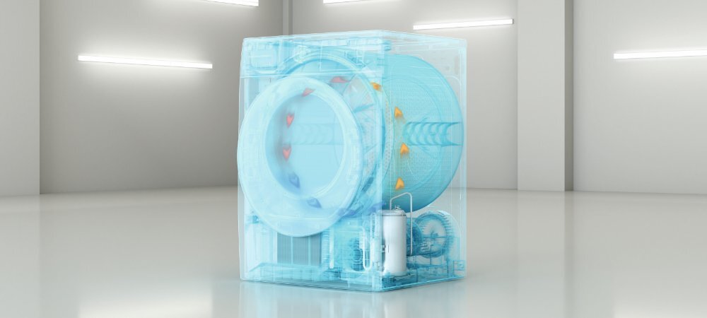 SUSZARKA WHIRLPOOL MX WSD 83M GBS PL lifestyle wizualizacja budowa niebieskie kolory konstrukcja wnętrze Oszczędność i delikatność Oszczędność energii Większa troska o ubrania