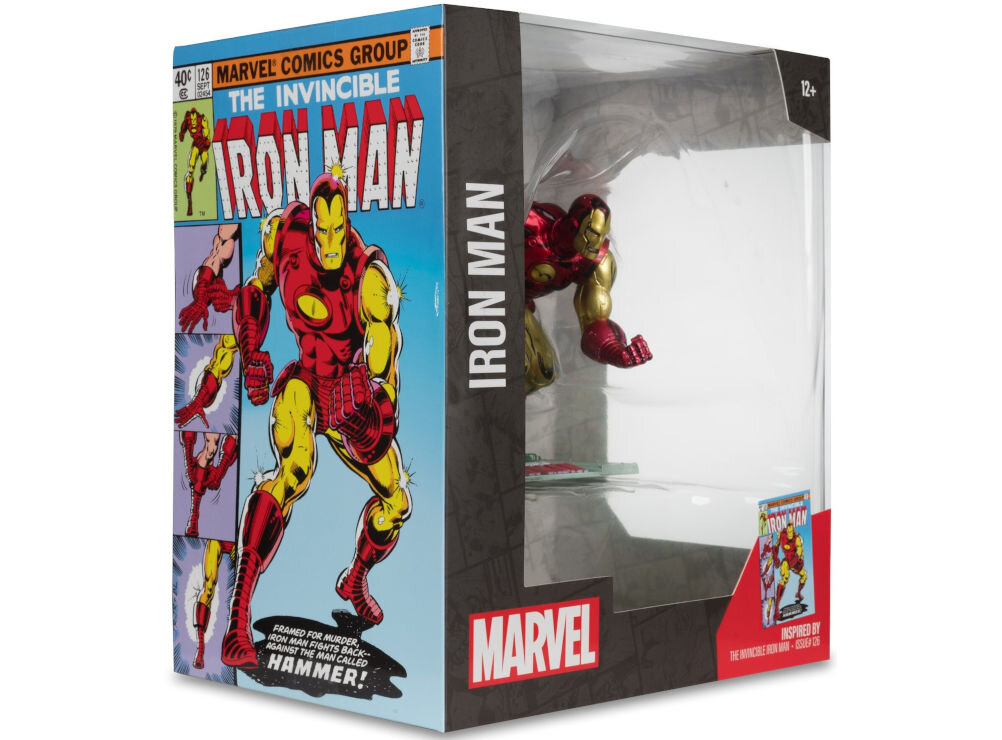 Figurka MCFARLANE Marvel Iron Man zapakowana w bardzo estetyczne pudełko z okienkiem i ozdobione kolorową grafiką nawiązującą do tematyki doskonały prezent dla fana postaci oraz kolekcjonera figurek z superbohaterami / złoczyńcami ze świata Marvela
