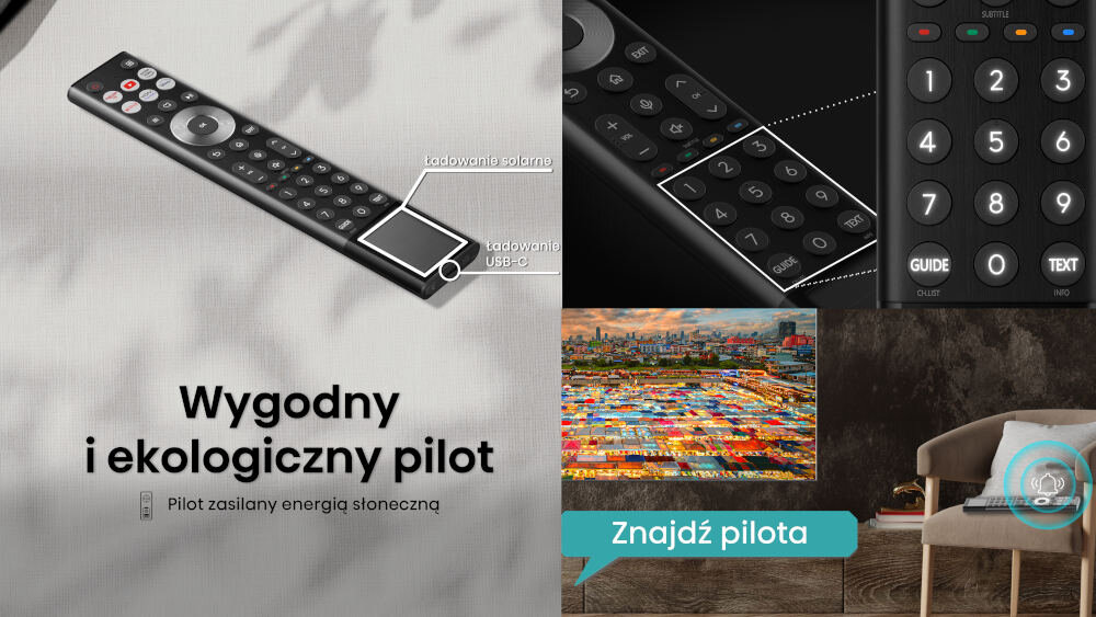 Obraz przedstawia pilot zdalnego sterowania z funkcją ładowania solarnego i USB-C. Tekst na obrazie: \'Wygodny i ekologiczny pilot. Pilot zasilany energią słoneczną\' oraz \'Znajdź pilota\'.