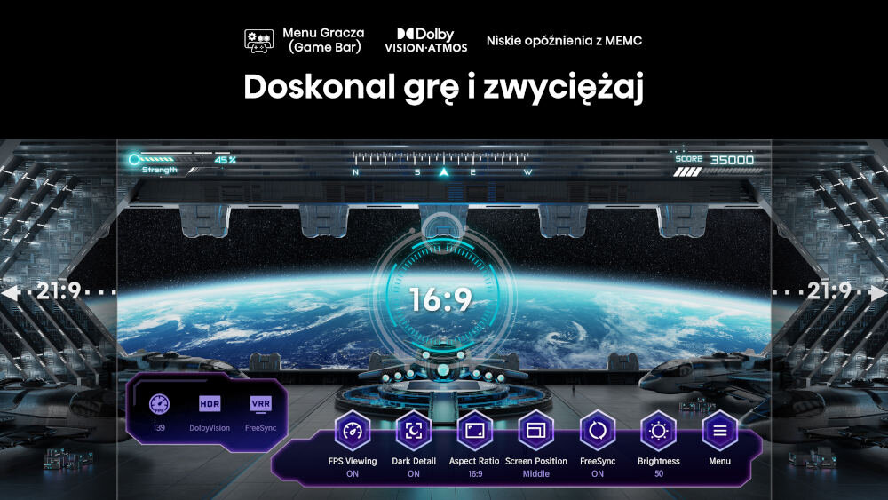 Obraz przedstawia ekran z widokiem kosmosu i Ziemi, z interfejsem użytkownika pokazującym różne ustawienia, takie jak HDR, Dolby Vision, FreeSync, oraz proporcje obrazu 16:9. Na górze widnieje tekst: \'Menu Gracza (Game Bar) Dolby VISION-ATMOS Niskie opóźnienia z MEMC Doskonal grę i zwyciężaj\'.