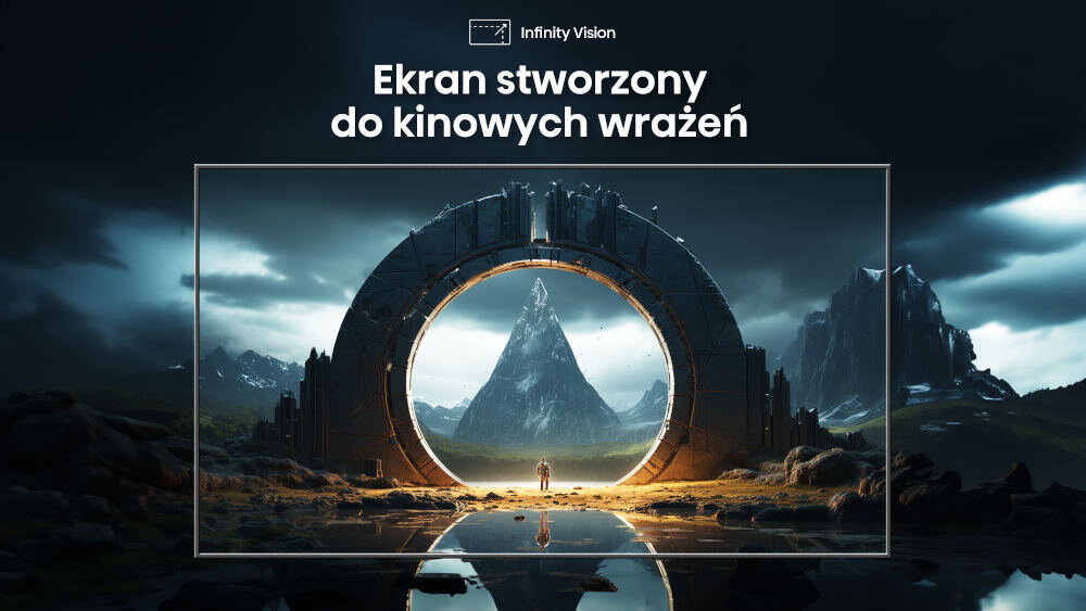 Obraz przedstawia krajobraz z dużym, okrągłym portalem na tle gór i nieba. Na górze widoczny jest tekst: \'Ekran stworzony do kinowych wrażeń\'.