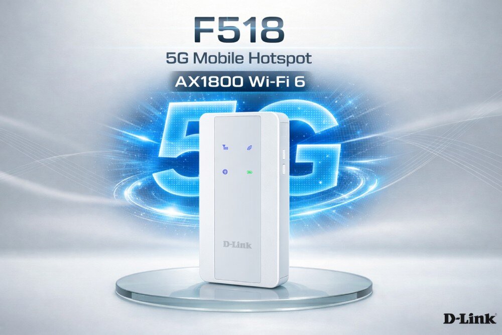 Router D-LINK F518 Białe, prostokątne urządzenie stojące na szklanym podeście na tle błękitnej poświaty z napisem 5G i informacjami o parametrach technicznych