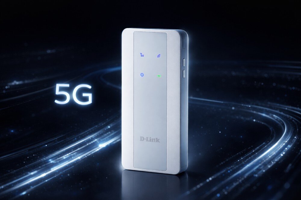 Router D-LINK F518 Urządzenie ustawione pionowo na ciemnym tle z motywem niebieskich smug światła i świecącym napisem 5G