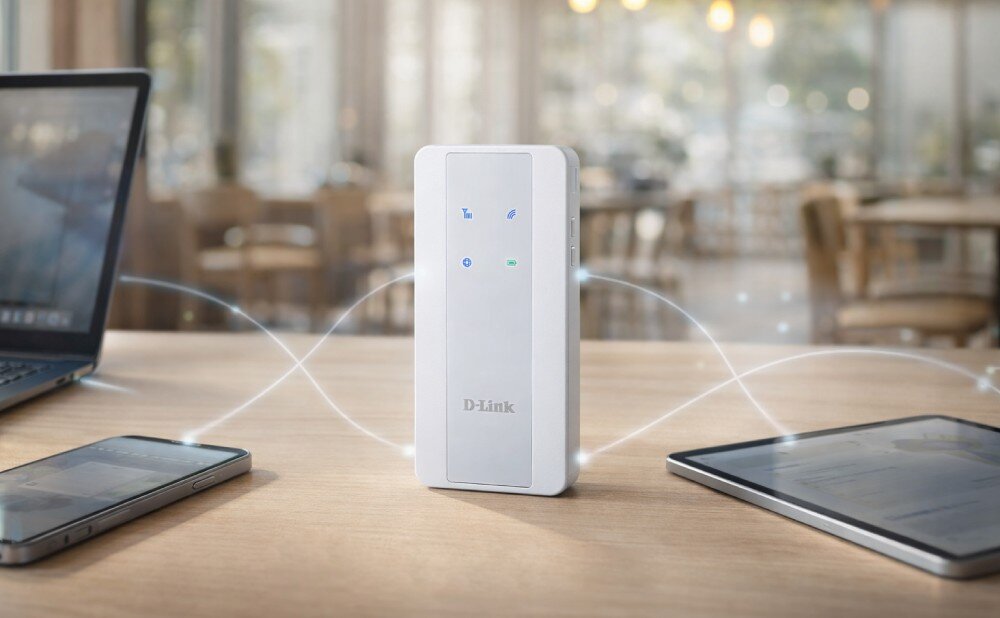 Router D-LINK F518 Białe urządzenie na drewnianym blacie, od którego biegną świetliste linie w stronę laptopa, smartfona i tabletu