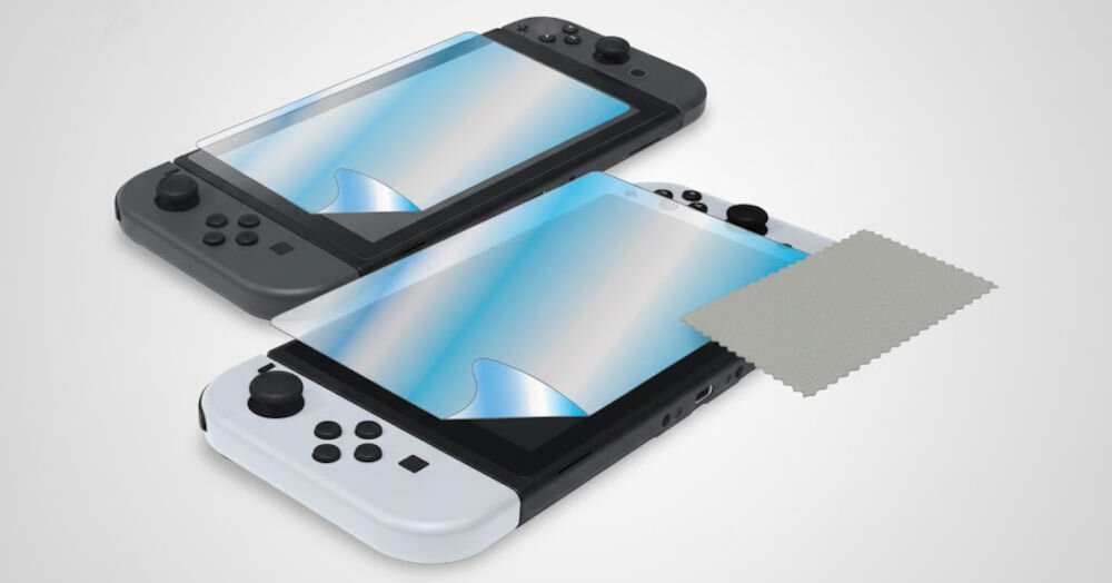 Zestaw akcesoriów HYPERKIN Armor M07533 do Nintendo Switch 2 prezentacja szkła ochronnego zakładanego na szarą i jasną konsolę dwie osłony ekranu ochrona wyświetlacza słuchawki douszne