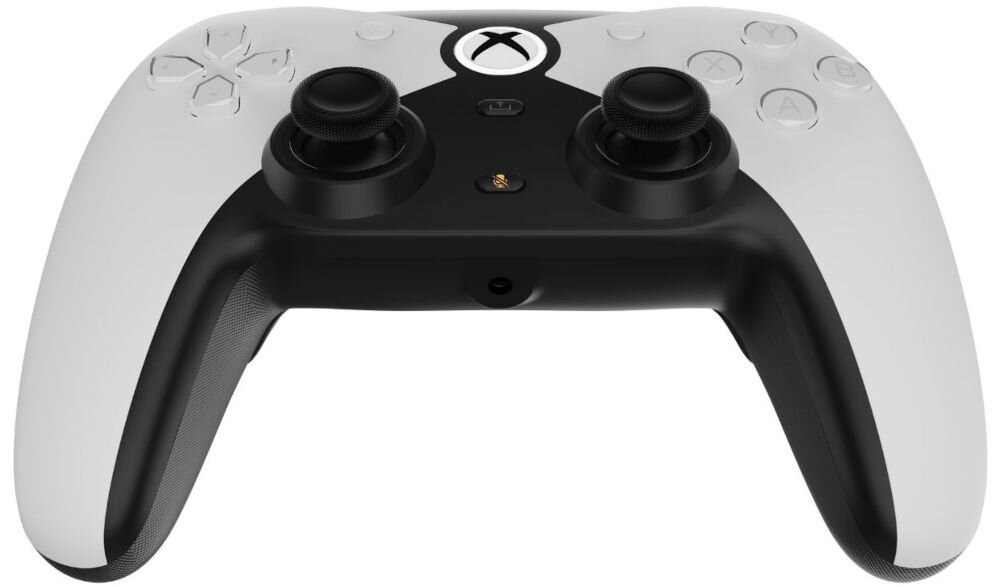 Kontroler HYPERKIN Competitor M01638-WH Biały zbliżenie na przycisk wyciszania na białym tle ułatwienie zarządzania rozmowami