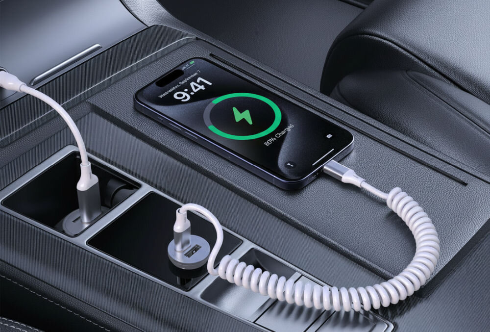 Kabel USB-C 4SMARTS Spiralkabel 100W Biały spirala porządek w aucie Android Auto CarPlay