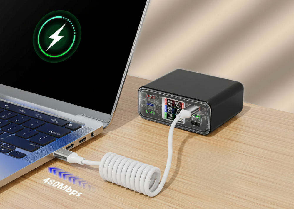 Kabel USB-C 4SMARTS Spiralkabel 100W Biały spiralny kabel 12 cm do 50 cm