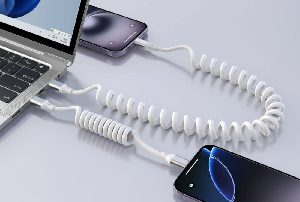 Kabel USB-C 4SMARTS Spiralkabel 240W Biały CarPlay Android Auto porządek w aucie spirala