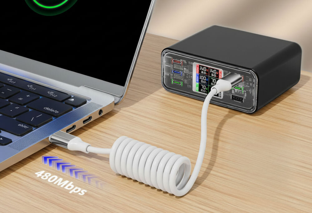 Kabel USB-C 4SMARTS Spiralkabel 240W Biały 12 do 50 cm elastyczna długość spirala