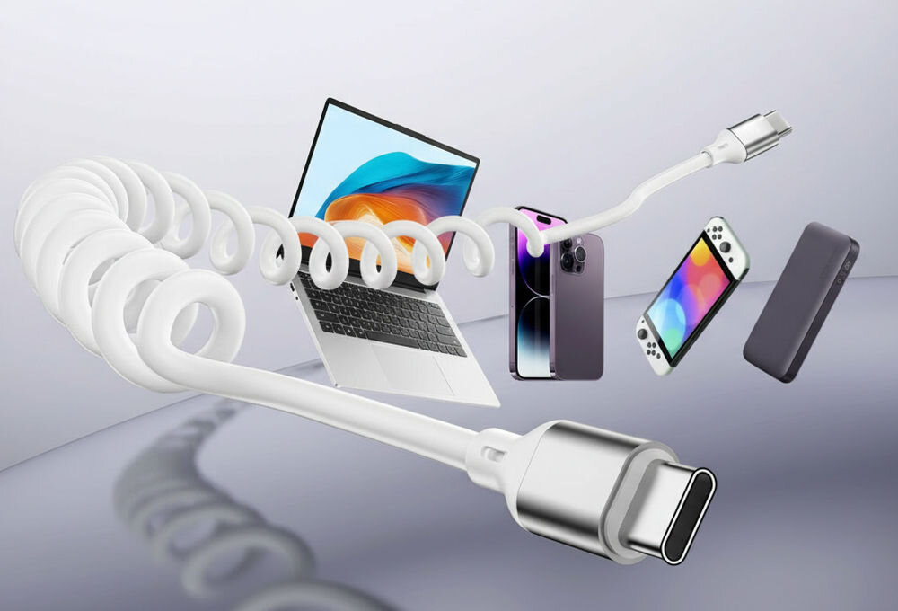 Kabel USB-C 4SMARTS Spiralkabel 240W Biały ładowanie 240W PD 480Mbit/s kompatybilność USB-C aluminium TPU