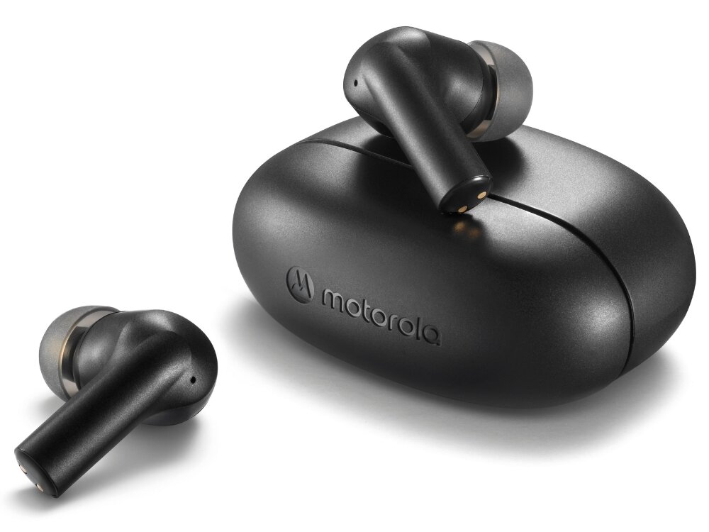 Słuchawki dokanałowe MOTOROLA Moto Buds 500 ANC
                słuchawki ze stacją ładującą na białym tle 20 godzin odtwarzania odporność ipx4 chroni przed potem deszczem kompaktowe etui usb-c