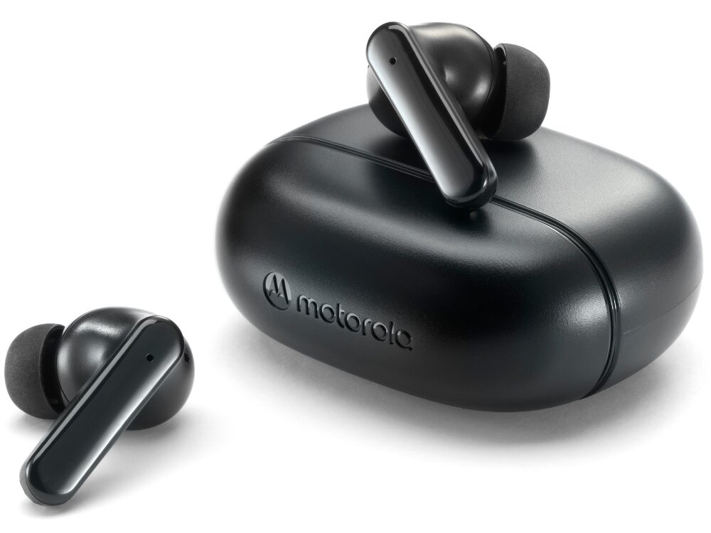 Słuchawki dokanałowe MOTOROLA Moto Buds 125
                słuchawki z etui ładującym na białym tle podwójne mikrofony z redukcją szumów enc niewielkie wygodne