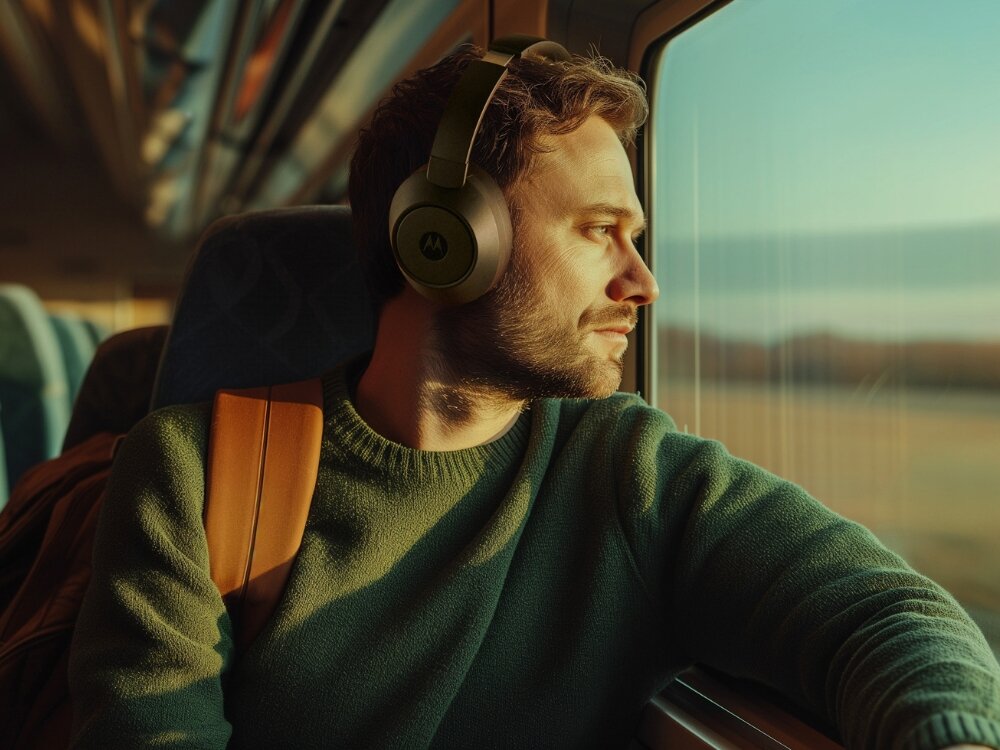 Słuchawki nauszne MOTOROLA Moto XT800 ANC
                mężczyzna w słuchawkach w pociągu