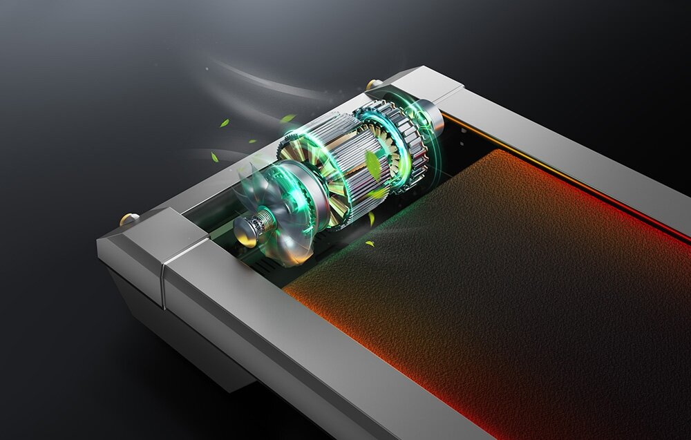 Bieżnia elektryczna UREVO CyberPad for Office 550W 6 km-h silnik zbliżenie ciemne tło automatyczna regulacja nachylenia do 14% nawet o 190% kalorii więcej niż na płaskiej bieżni silnik bezszczotkowy BLDC o mocy 2,5 HP niemal bezszelestny (ok. 45 dB)