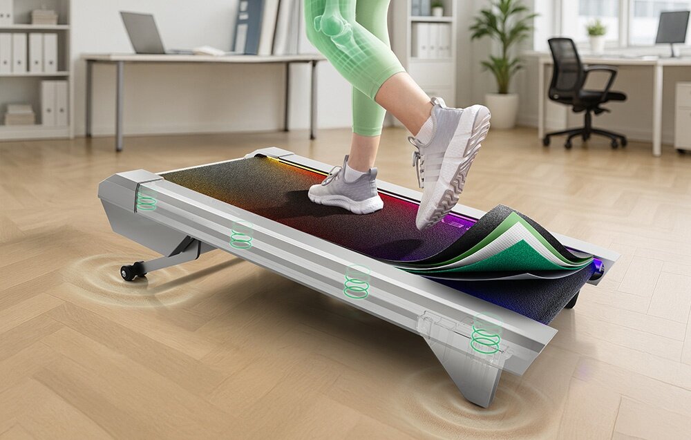 Bieżnia elektryczna UREVO CyberPad for Office 550W 6 km-h pomieszczenie osoba idzie na bieżni współpracuje z aplikacją UREVO APP synchronizować dane z Apple Health tryby HIIT, MIIT oraz LIIT wirtualne trasy spacerowe