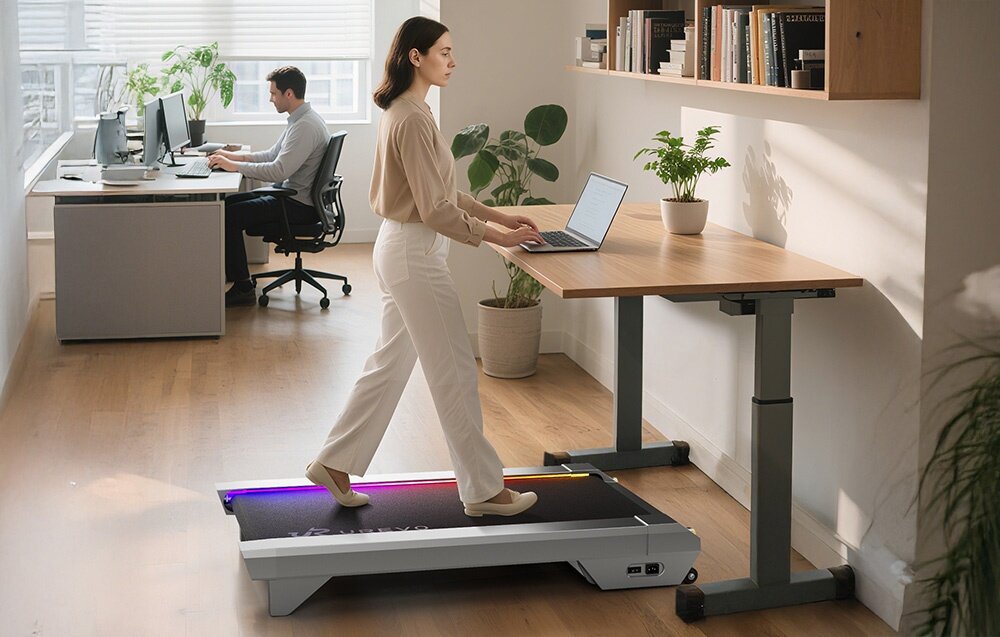 Bieżnia elektryczna UREVO CyberPad for Office 550W 6 km-h pomieszczenie osoba idzie na bieżni eleganckim wykończeniem w srebrnej tonacji Podświetlenie RGB z trzema trybami i 256 ustawieniami