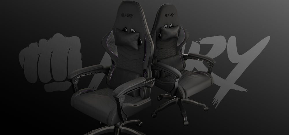 Fotel FURY Shinai S4 Czarny prezentacja fotela pod kątami na ciemnym tle z logo
