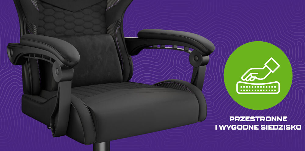 Fotel FURY Shinai S4 Czarny zbliżenie na siedzisko fotela na fioletowym tle z geometrycznymi kształtami ikona z napisem przestronne i wygodne siedzisko wypełnienie wysokiej klasy dopasowanie do użytkownika