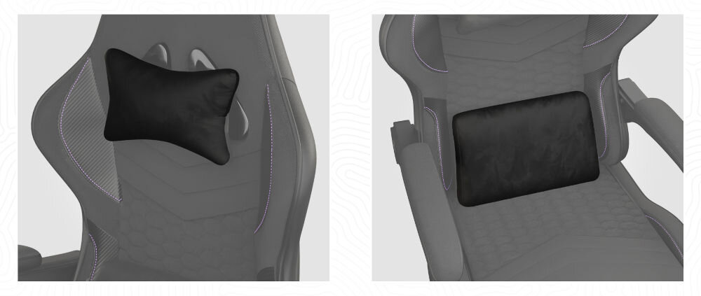 Fotel FURY Shinai S4 Czarny zbliżenie na poduszki na białym tle z geometrycznymi kształtami welurowe poduszki miękka pianka wsparcie kręgosłupa zagłówek chroniący odcinek szyjny