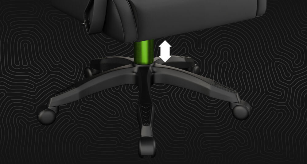 Fotel FURY Shinai S4 Czarny zbliżenie na siłownik pokazanie jego regulacji na ciemnym tle z geometrycznymi kształtami regulacja wysokości płynność siłownik gazowy klasy 4 stabilność kontrola nad ustawieniem