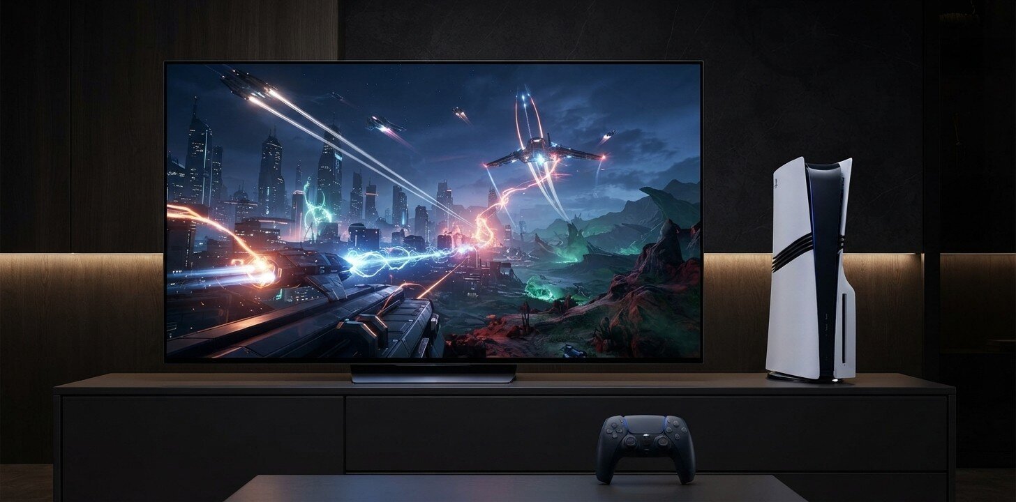 Konsola PS5 Pro obok telewizora wyświetlającego grę akcji.